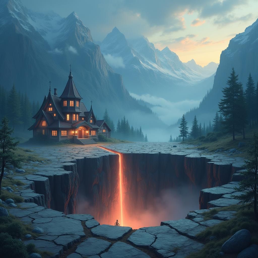 Ominous Fissure with Fantasy Village in Painterly Style