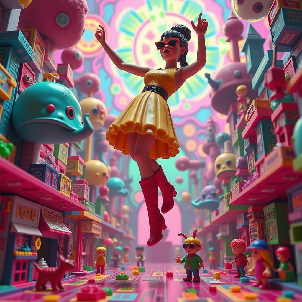 Terrified Person Pulled Skyward in Psychedelic Toy World