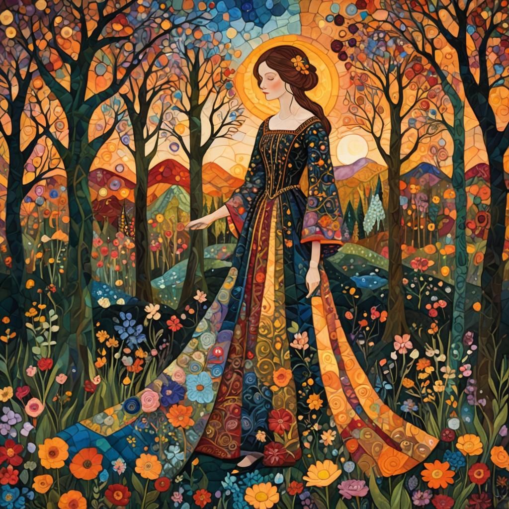 Quilted Sunset Woman in Enchanted Forest, 8K Render