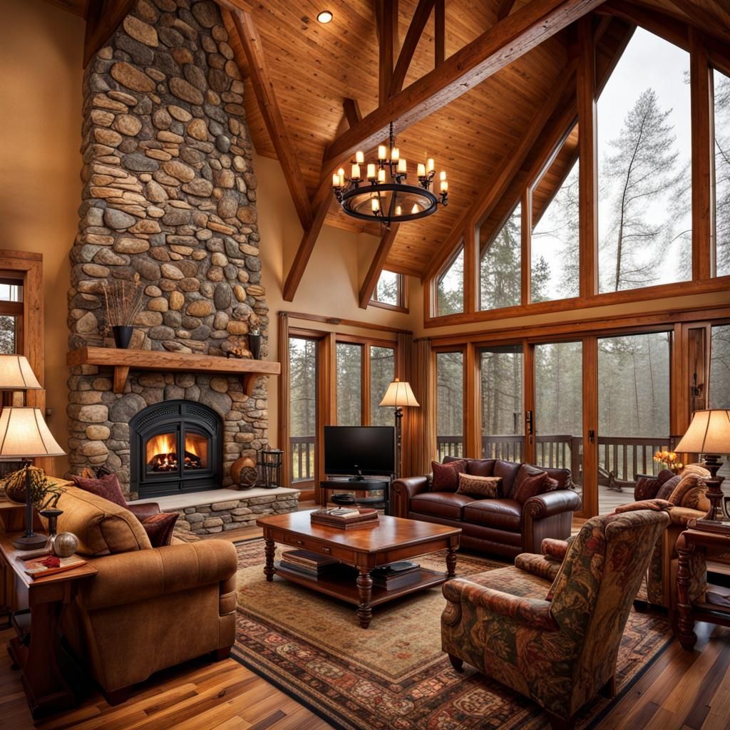 Cabin Living Room with Stone Fireplace
