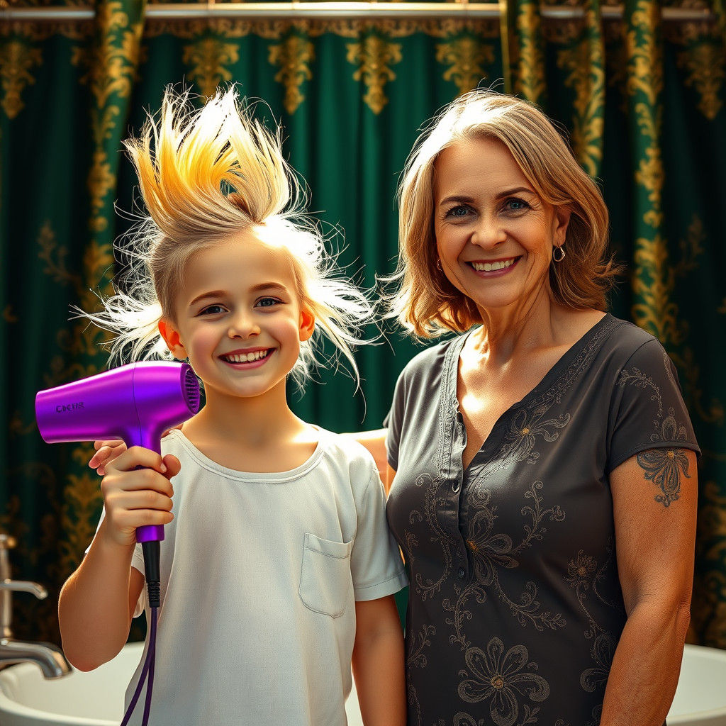 Girl with Blonde Hair and Purple Blow Dryer