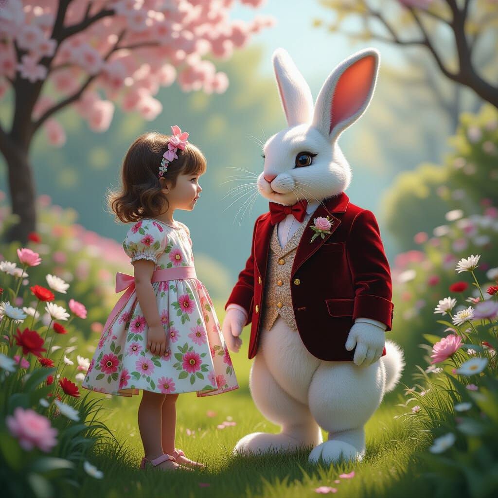 Easter Bunny and Girl in Dreamlike Matte Painting