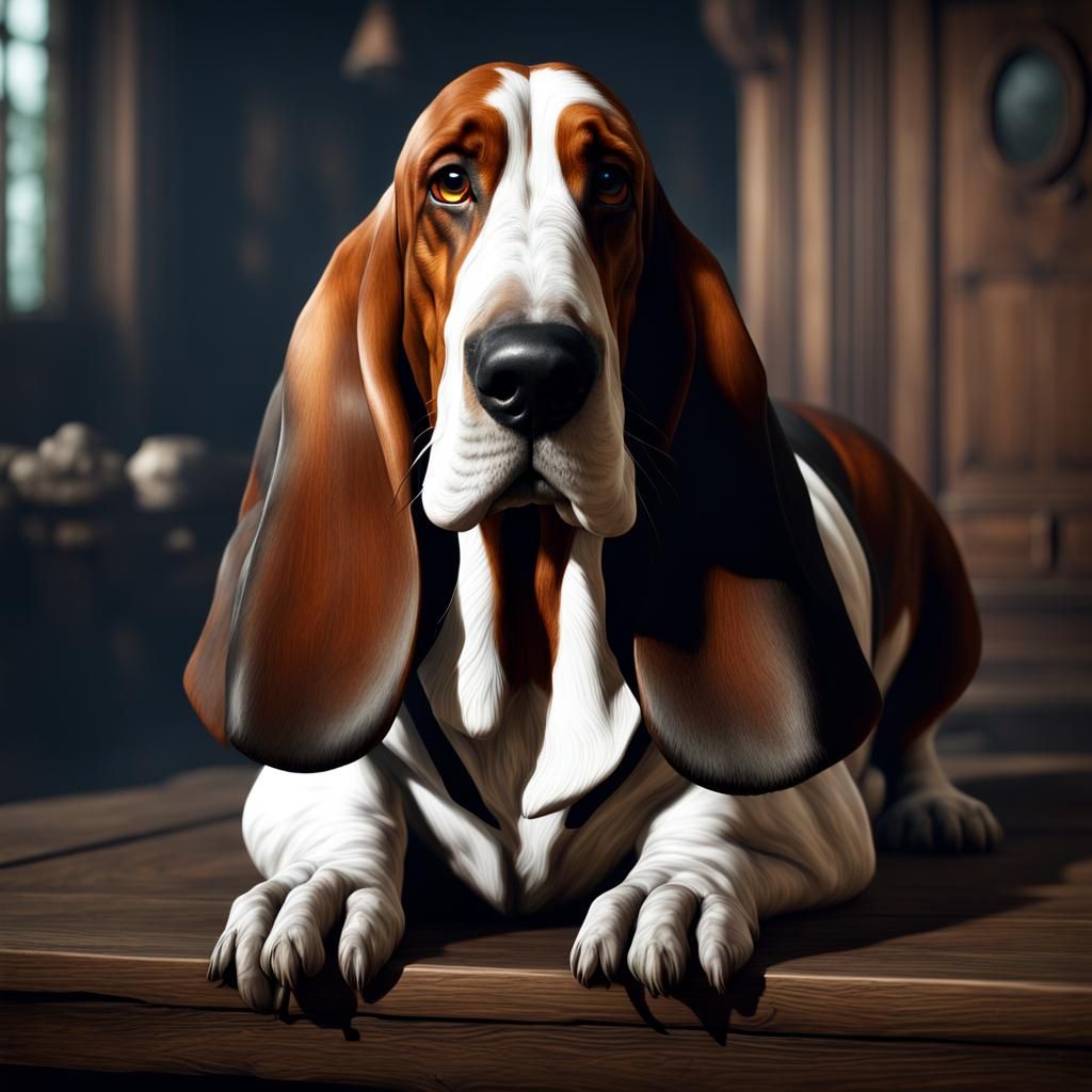 Detailed Basset Hound Portrait in Dark Fantasy Style