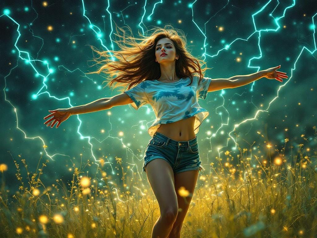 Woman Dancing with Circuit Overlay in Impressionist Style