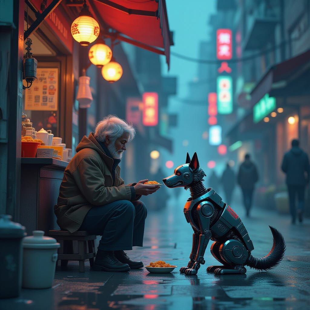 Steampunk Vendor Shares Meal With Robot Dog