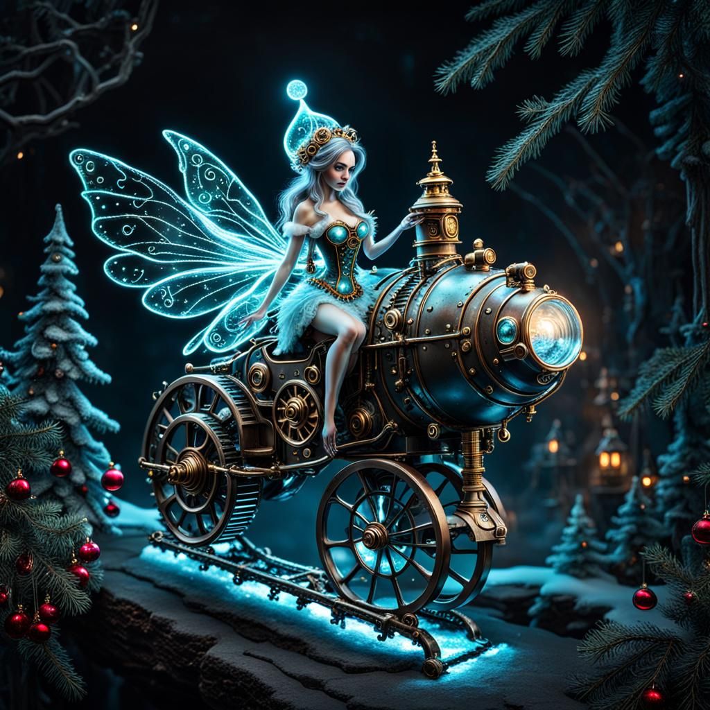 Bioluminescent Fairy-Tale Christmas Wonderland with Steampun...