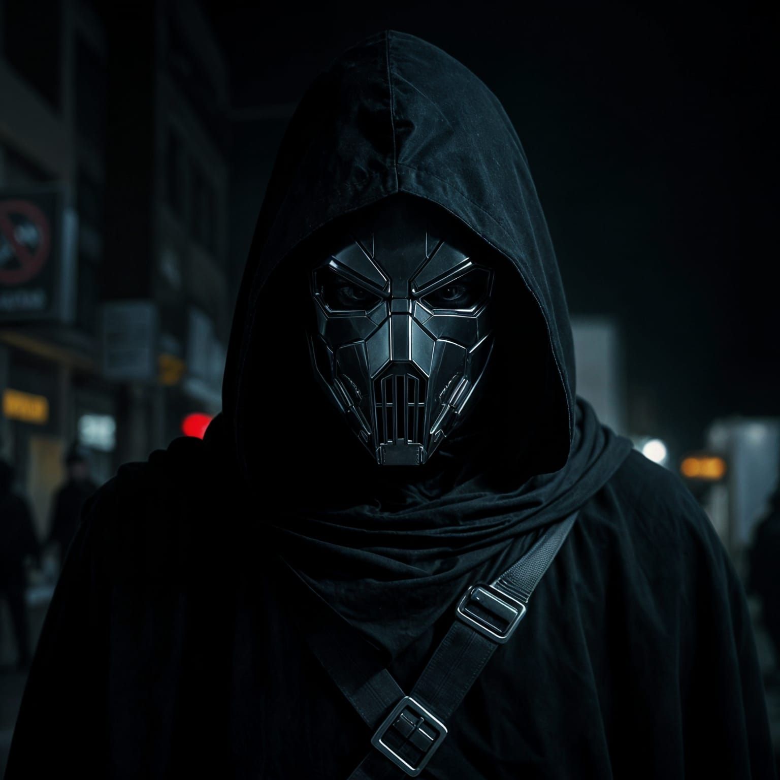 Vigilante in Dark Urban Shadows, Robotic Mask Conceals Ident...