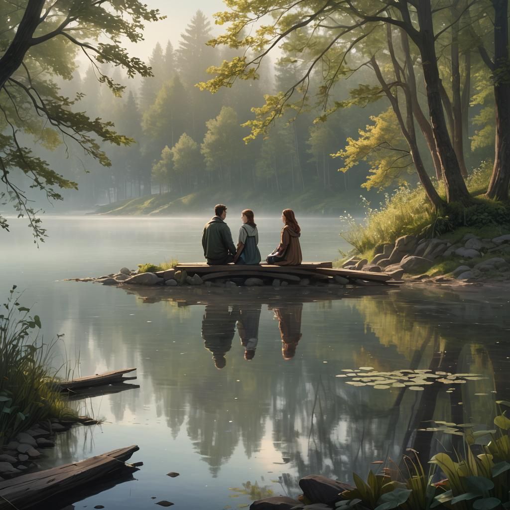 Ethereal Lakeside Scene with Couple in Love