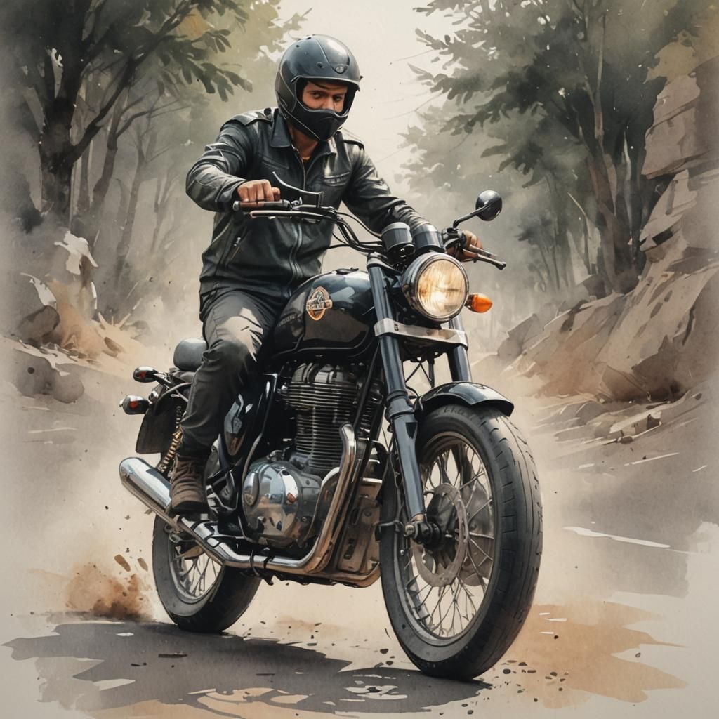 Detailed Sketch of Royal Enfield Biker in Watercolor Style