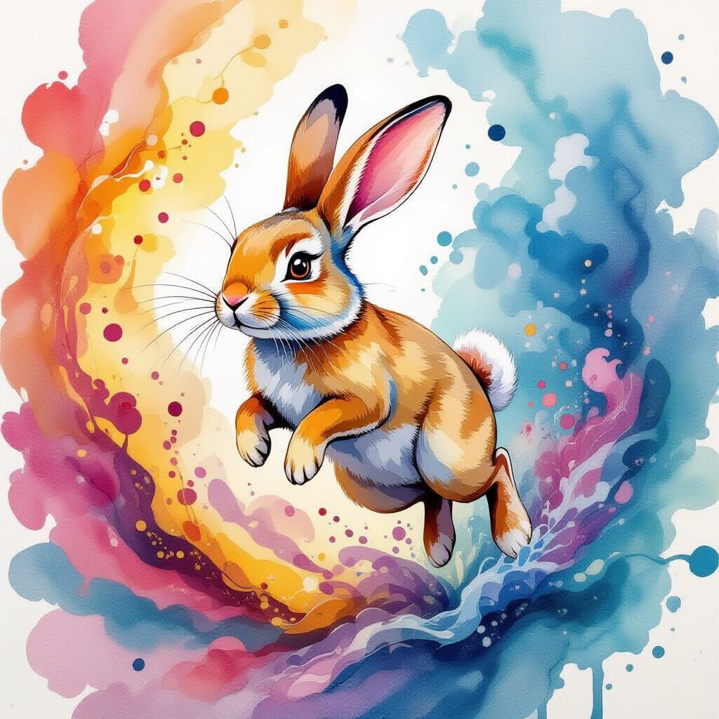 Anthropomorphic Rabbit Made of Swirling Inks