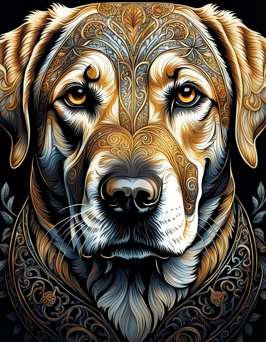 Detailed Yellow Labrador Portrait with Intricate Motifs