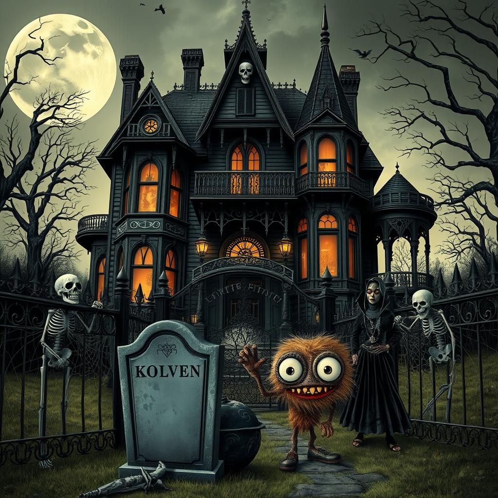 Spooky Victorian Mansion with Skeletons and Witches