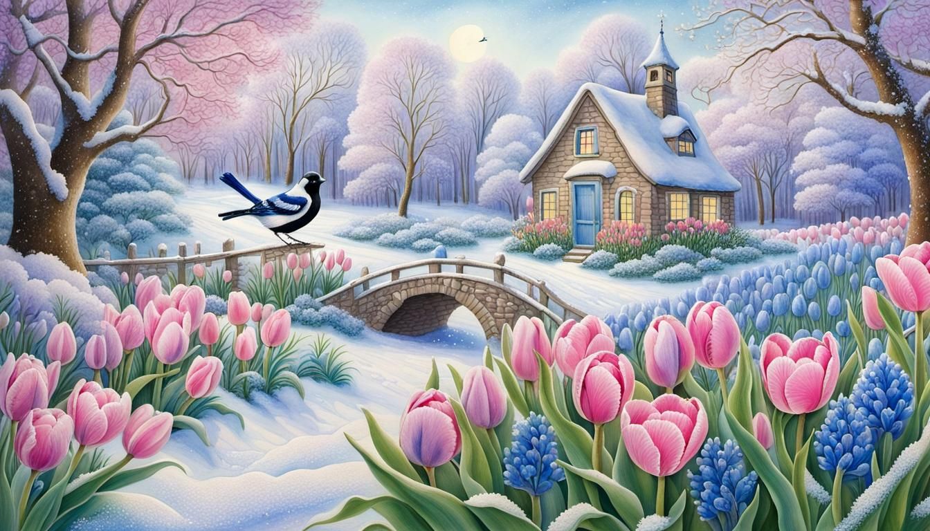 Spring Garden with Snow in Pastel Colors