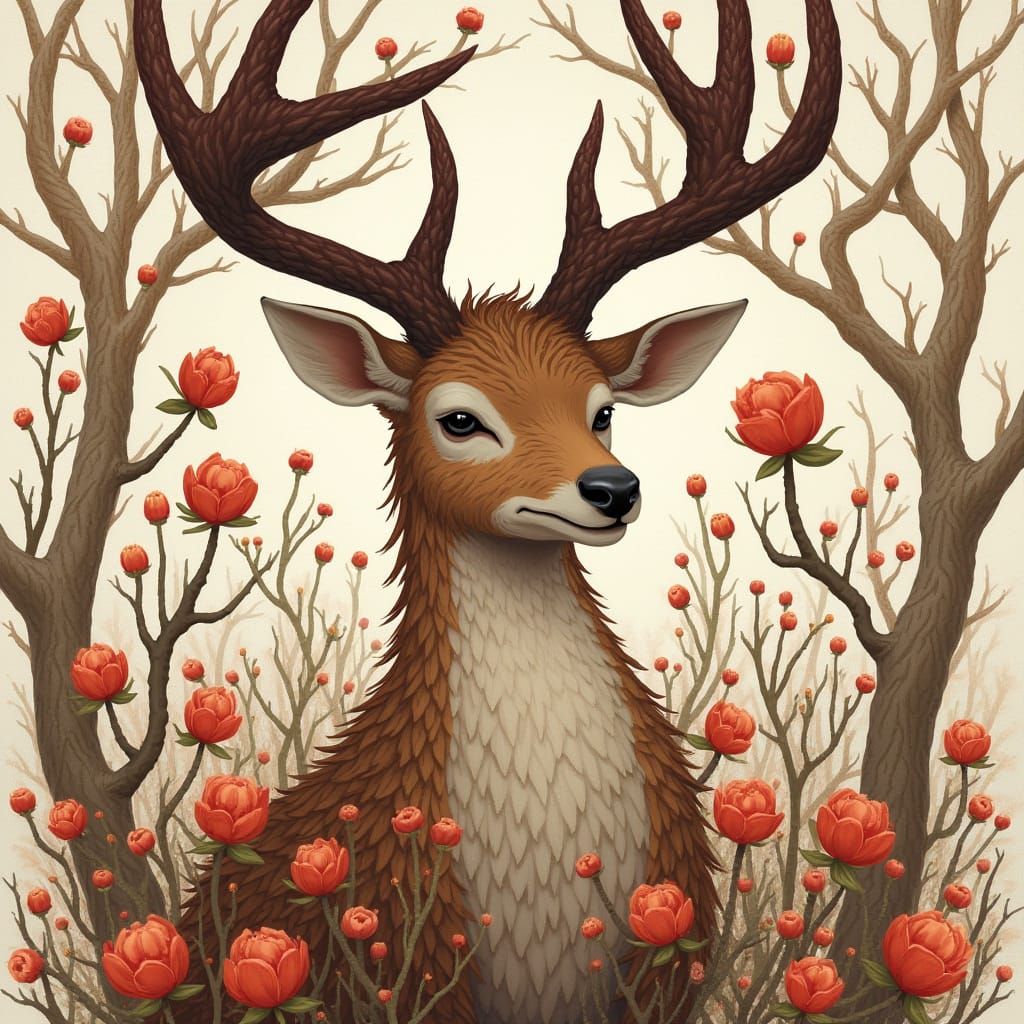 Silver Deer in Plum Blossom Fantasy Art