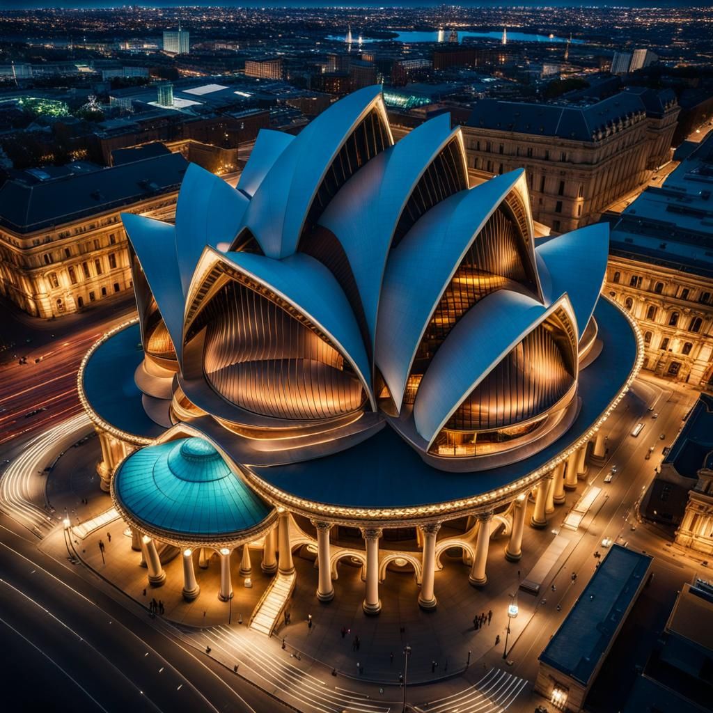 Illuminated Opera House at Night From Above