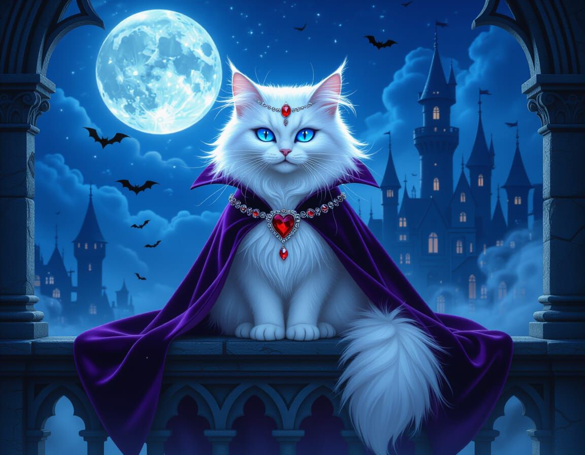 Majestic White Cat on Gothic Balcony Under Full Moon