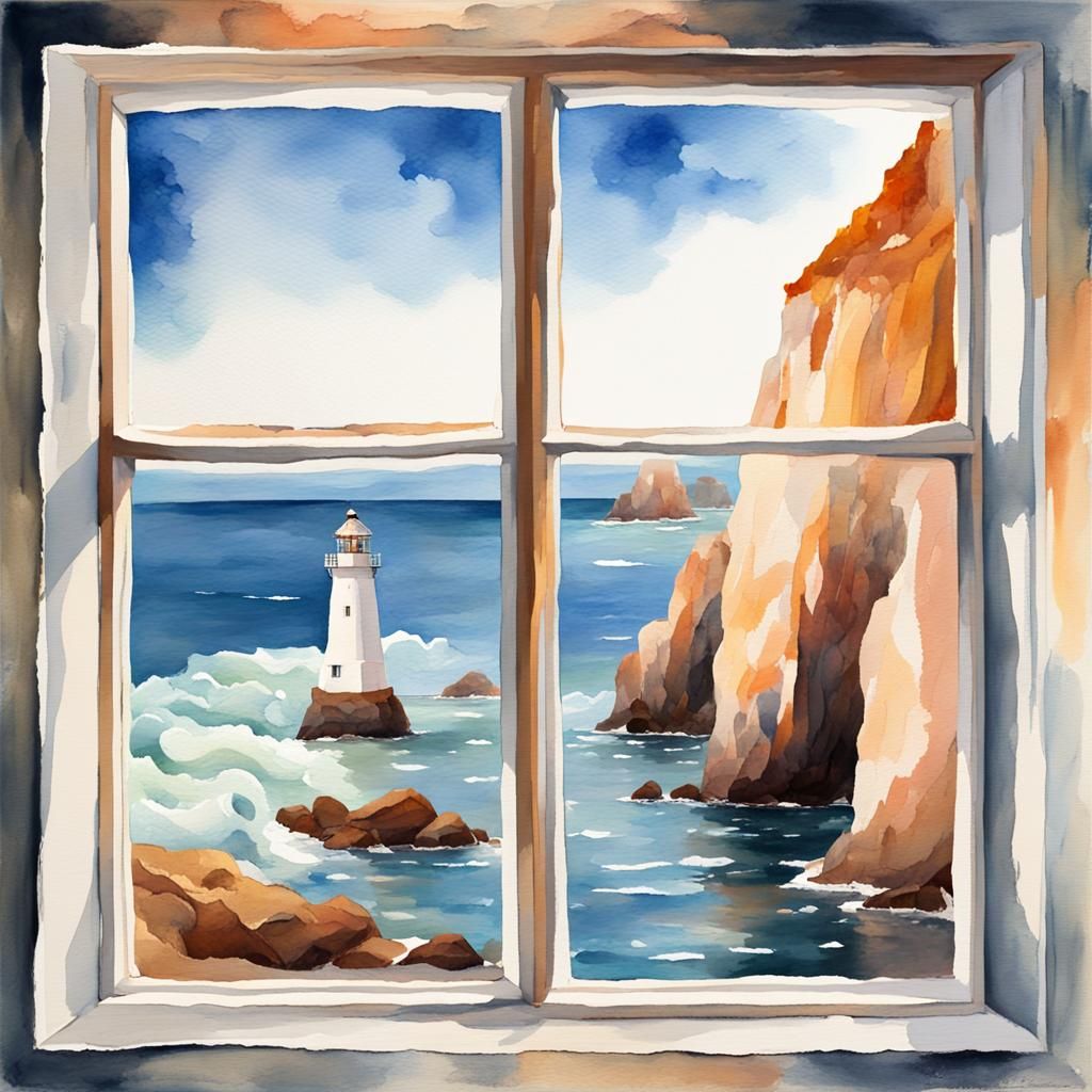 Coastal Lighthouse Scene in Watercolor Gouache Style
