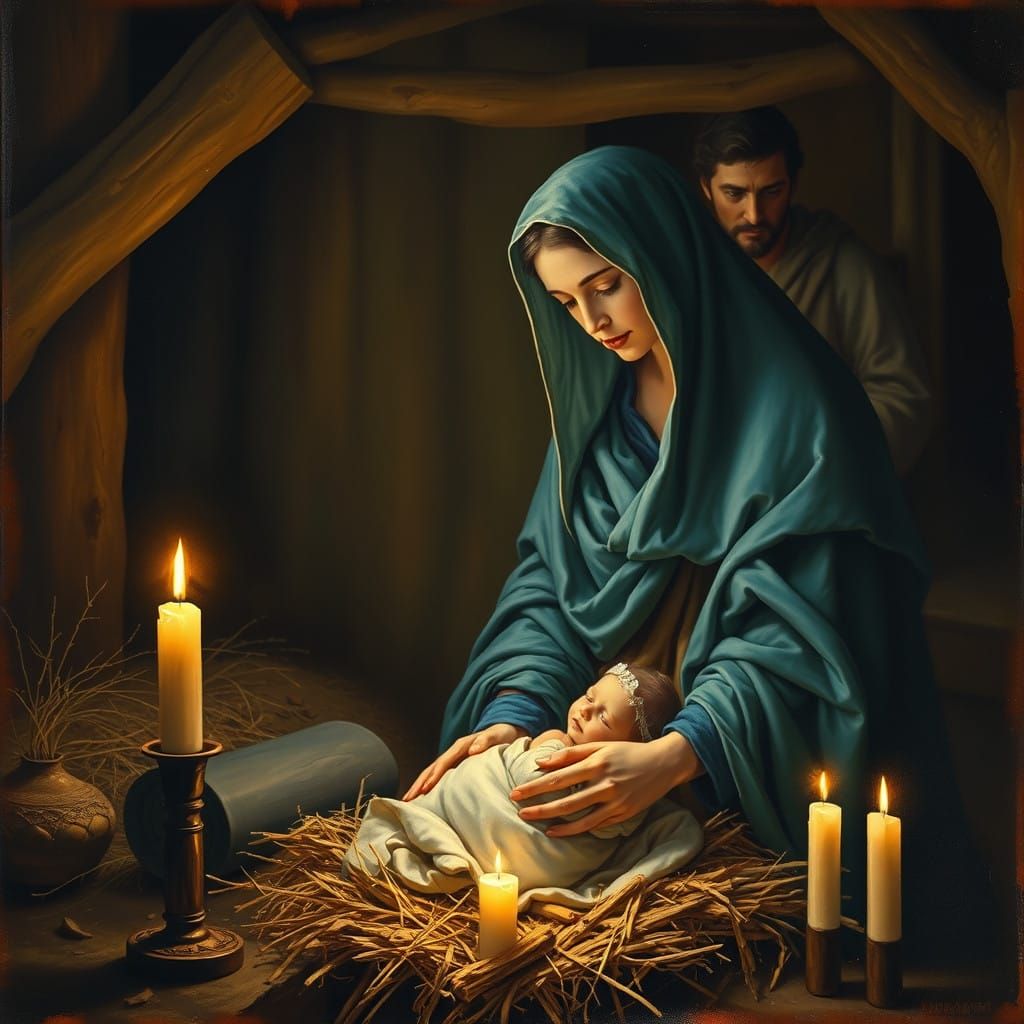 Blessed Virgin Mary Tenderly Gazes at Newborn Jesus in Intim...