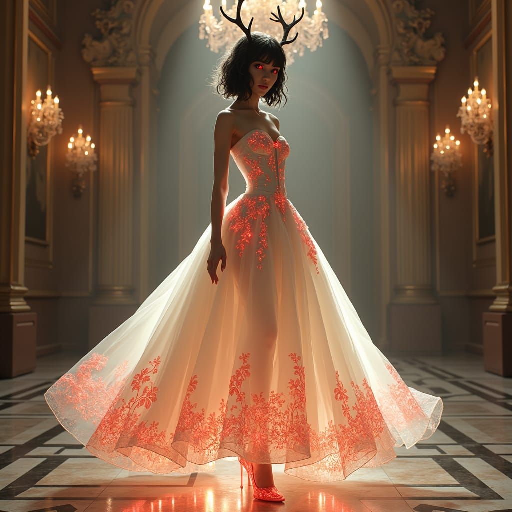 Elf with Bioluminescent Gown in Grand Ballroom