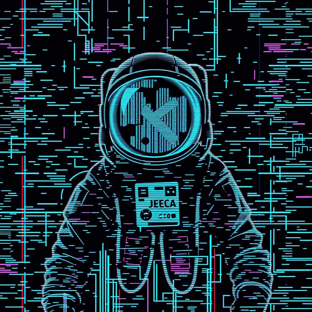Cyan Astronaut Amidst Pixelated Glitch Art