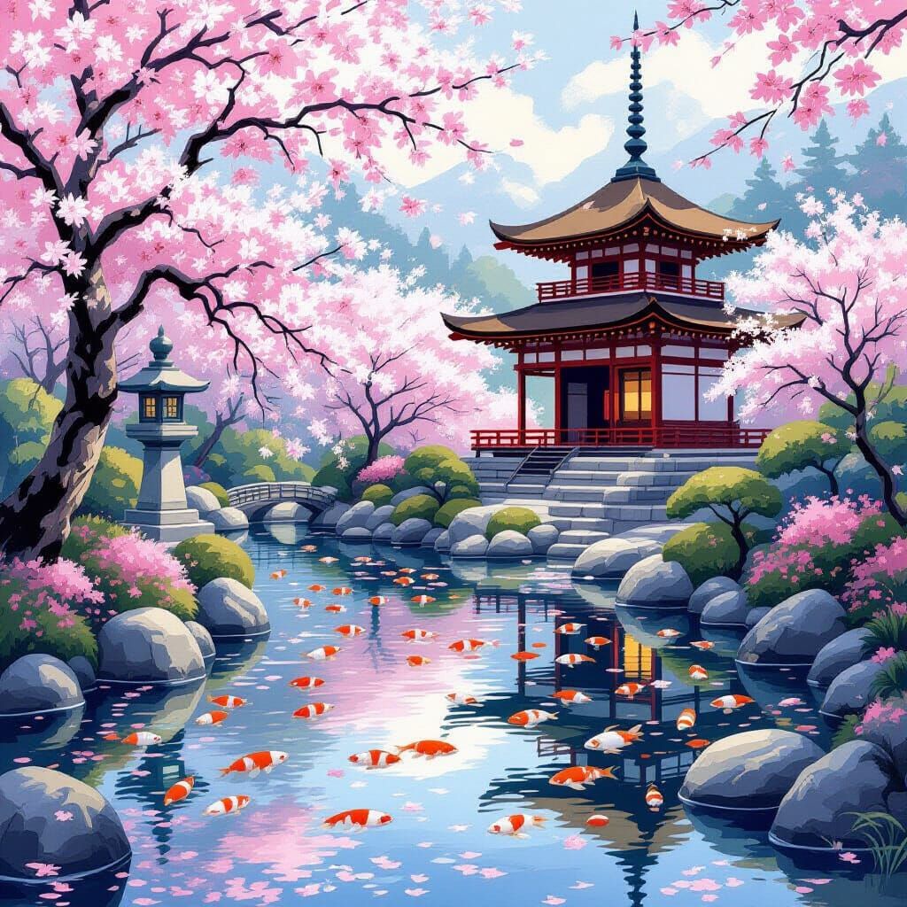 Serene Japanese Garden with Blossoms, Impressionistic Style