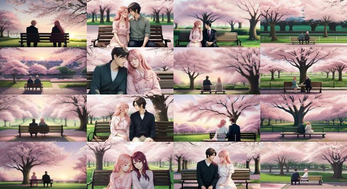 Romantic Couple Under Cherry Blossoms in Anime Style