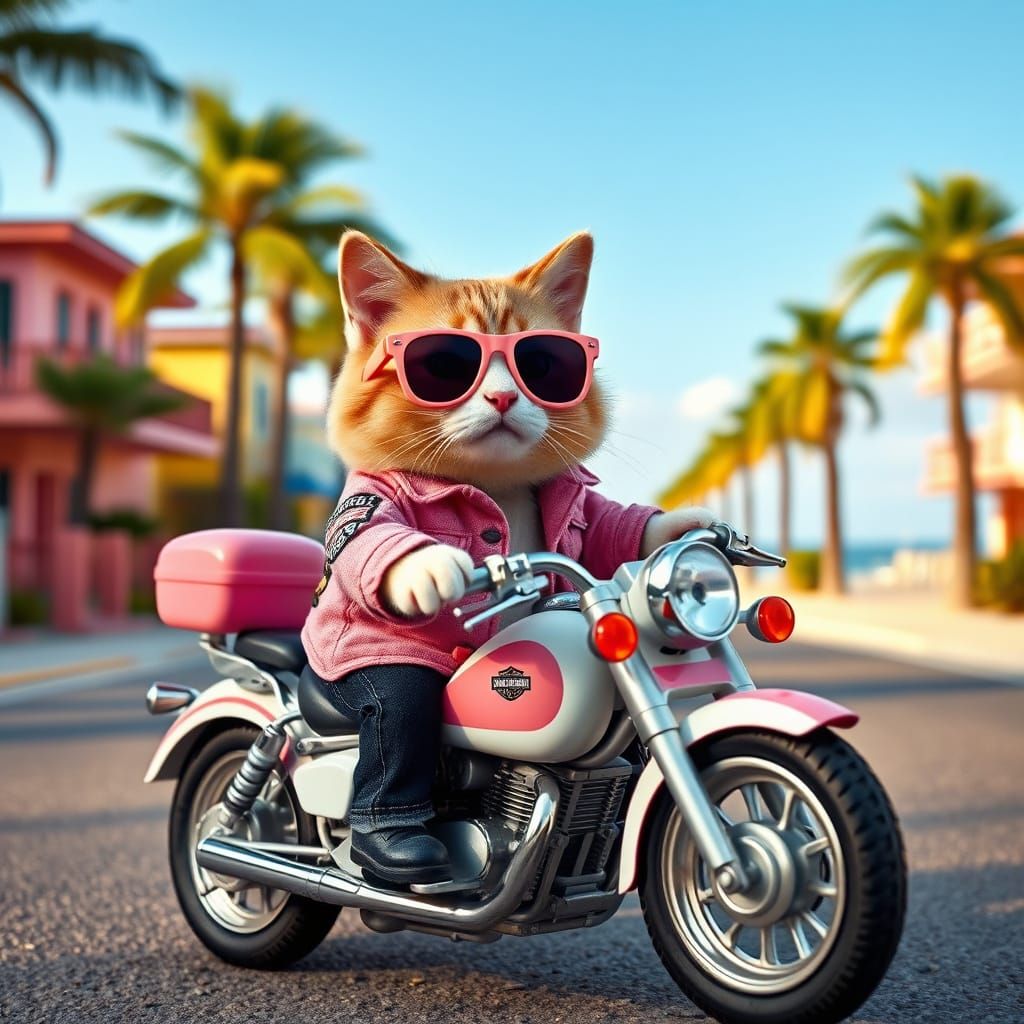 Chic Summer Cat on Harley-Davidson Motorcycle in Pastel Colo...