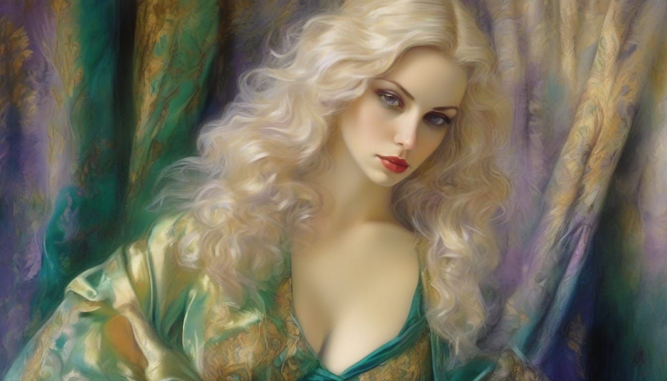 Sultry Surrealist Muse in Emerald, Sapphire, and Amethyst