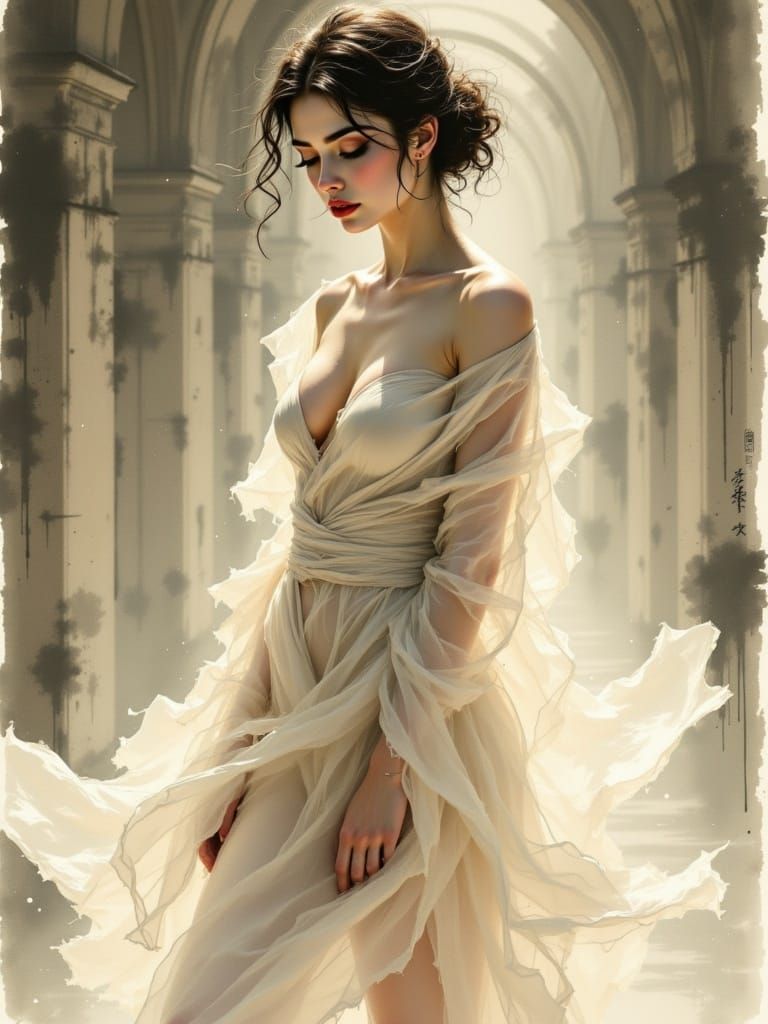 Ethereal Figure in Luminous Gown, Japanese-Inspired Art