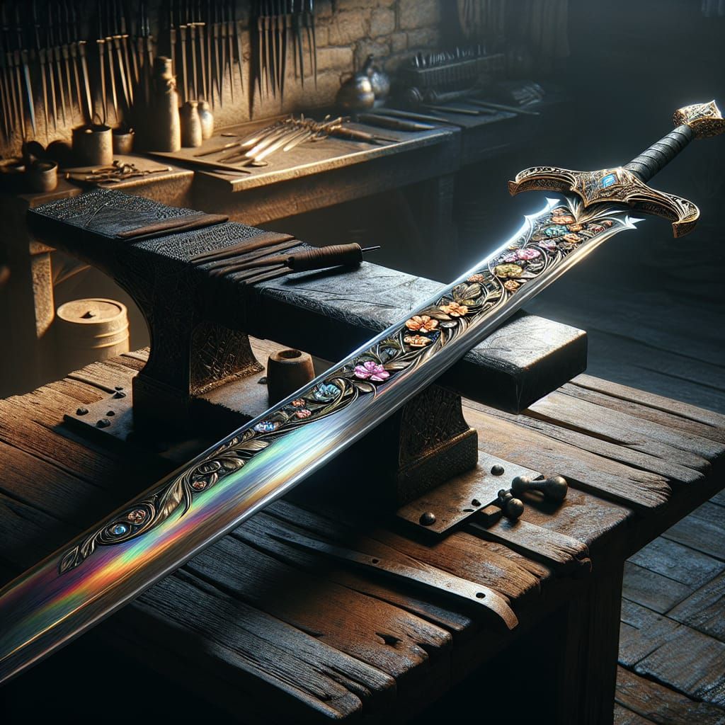 Medieval Great Sword with Rainbow Blade and Floral Etchings