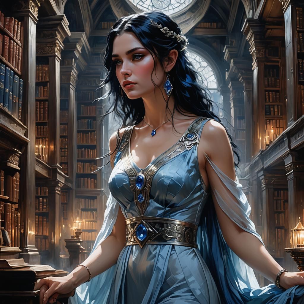 Norse Goddess in Moonlit Library