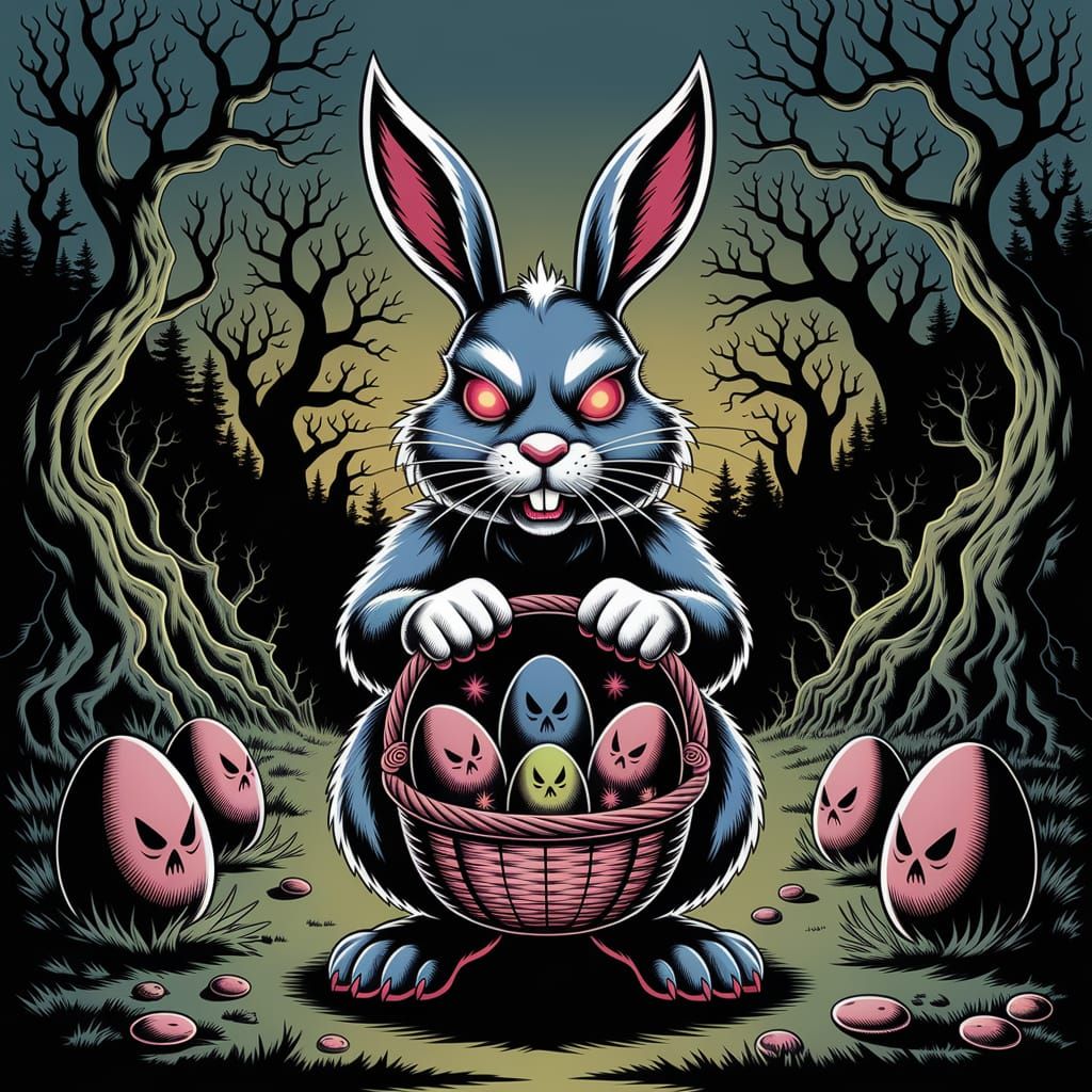 Gothic Easter Bunny in Haunted Forest, with Cursed Eggs