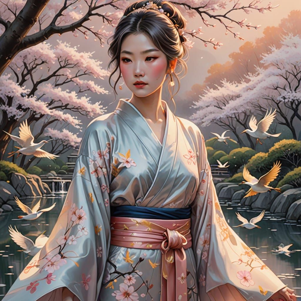 Woman in Kimono Under Cherry Blossoms, Anime Style