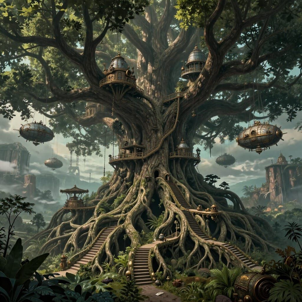 Colossal Ancient Tree City with Steampunk Airships