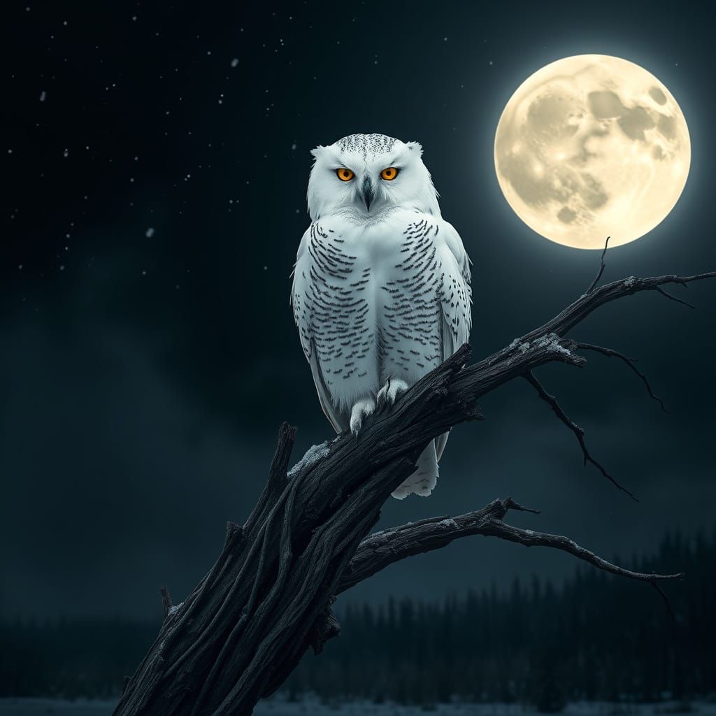 Majestic Snowy Owl in Ethereal Moonlit Scene