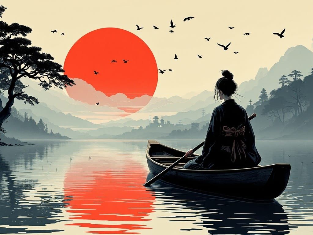 Elegant Dawn on a Still River in the Style of Moebius