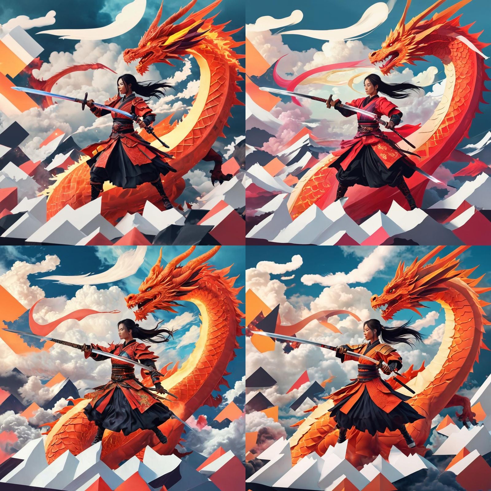 Samurai Warrior on Dragon in Neon Colors