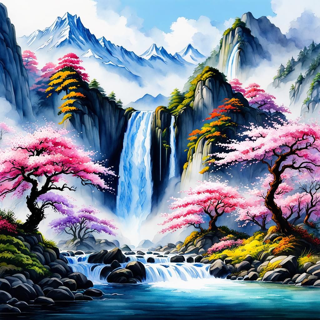 Sakura Mountain Waterfall in Watercolor and Ink