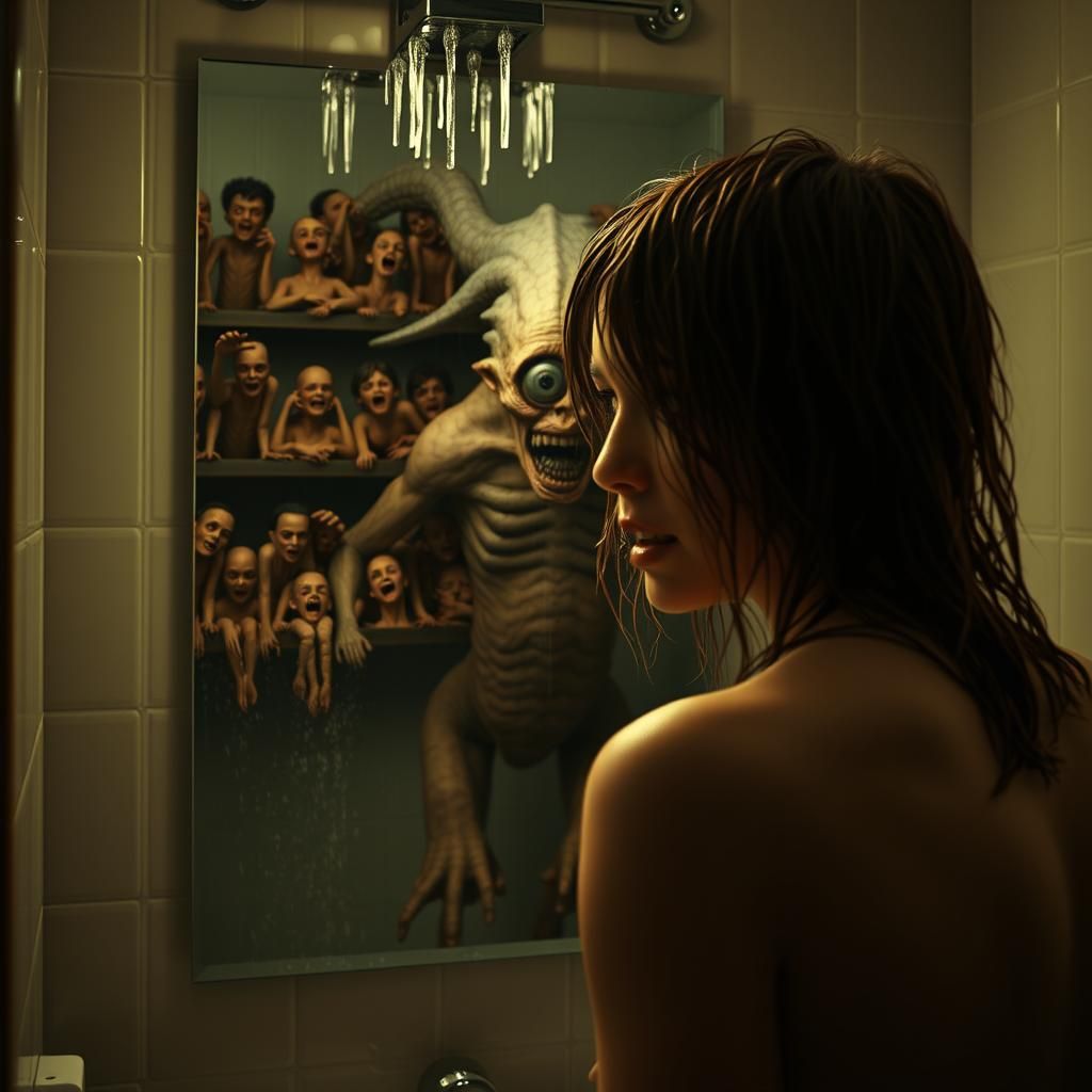 Eldritch Demon in Mirror: Gothic Horror Scene