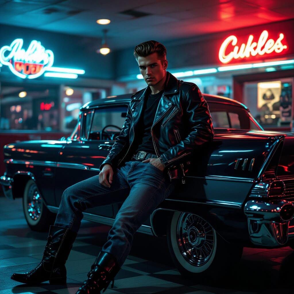 Greaser in Diner with Car in 50s Style