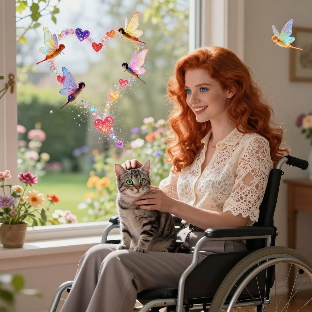 Woman with Red Hair and Cat in Whimsical Garden