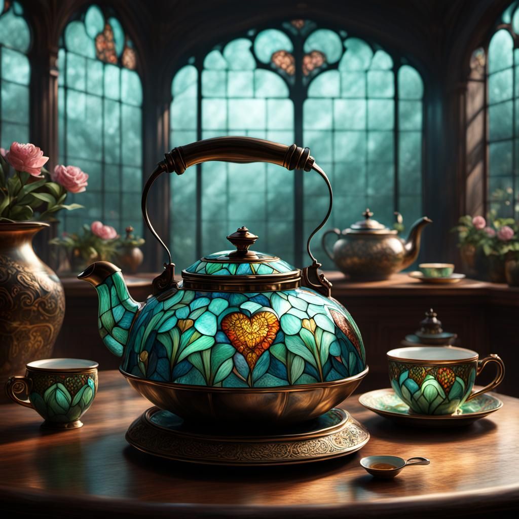 Tiffany Glass Tea Kettle: Ornate Digital Painting