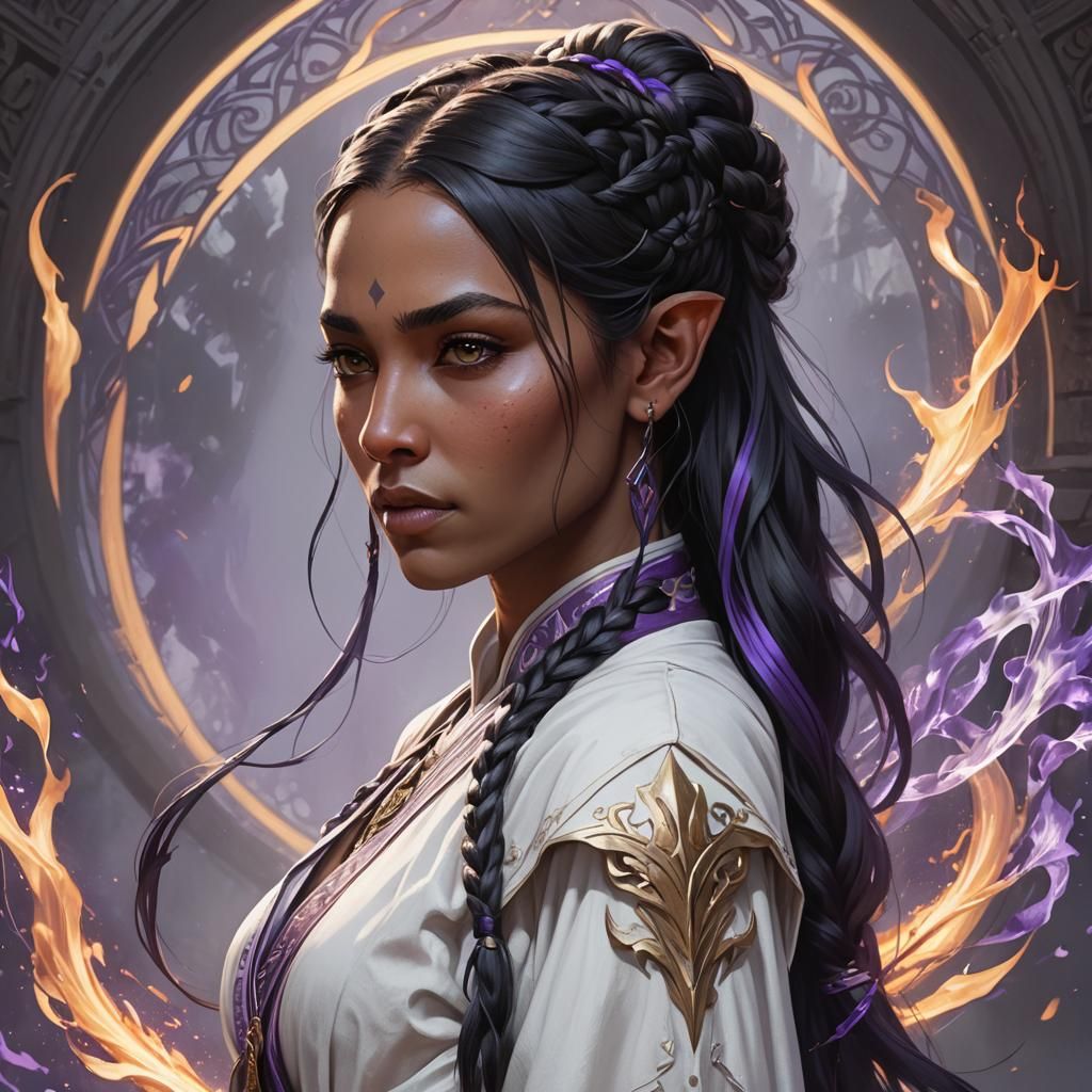 Half-Elf Monk with Purple Flames, Digital Portrait