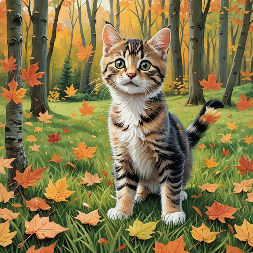 Playful Kitten Among Fall Leaves: Handwritten Illustration