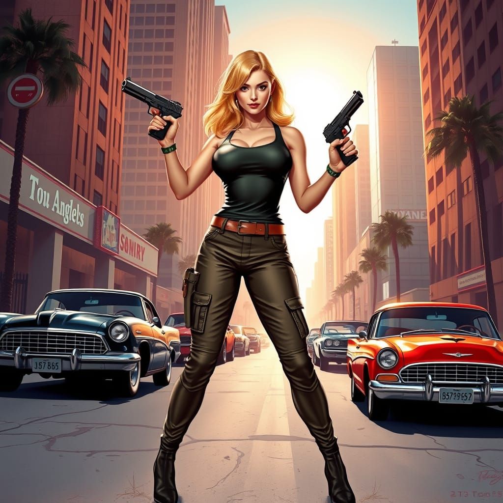 Confident Female Action Hero in Neon-Lit Los Angeles