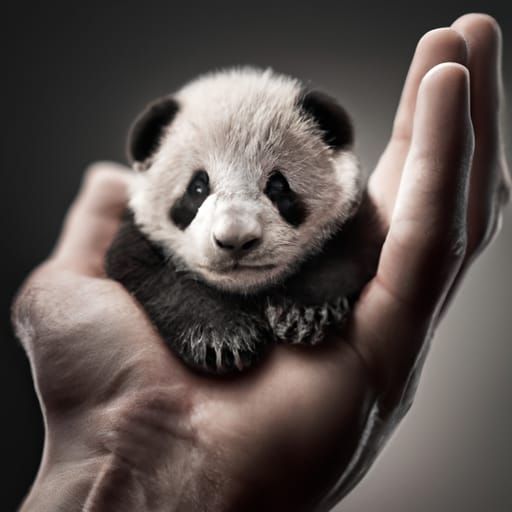 Hand Holding Micro Baby Panda in Holographic Style