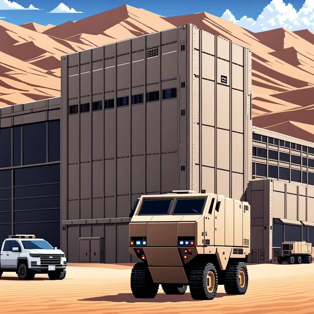 Futuristic Cargo Truck Departs Desert Warehouse in Pixel Art