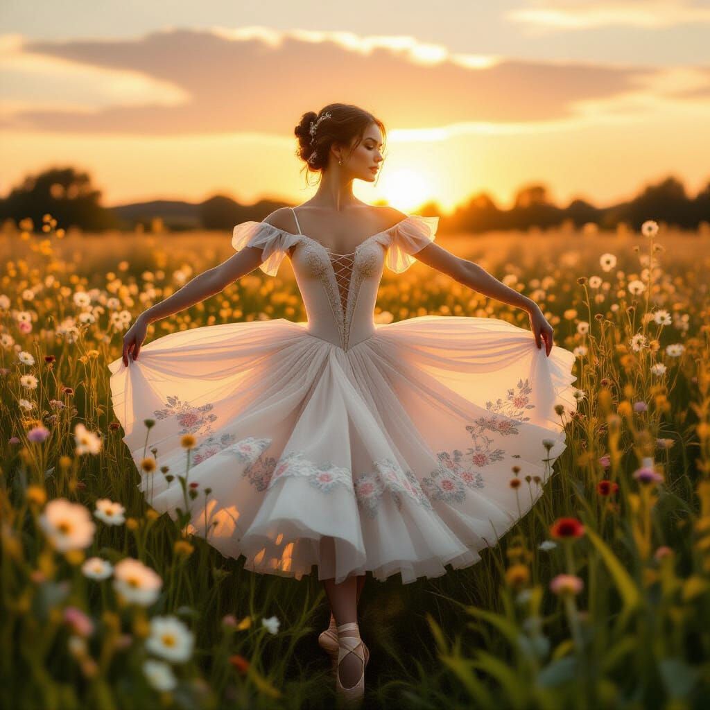 Ballerina Dancing in Wildflower Field at Sunset