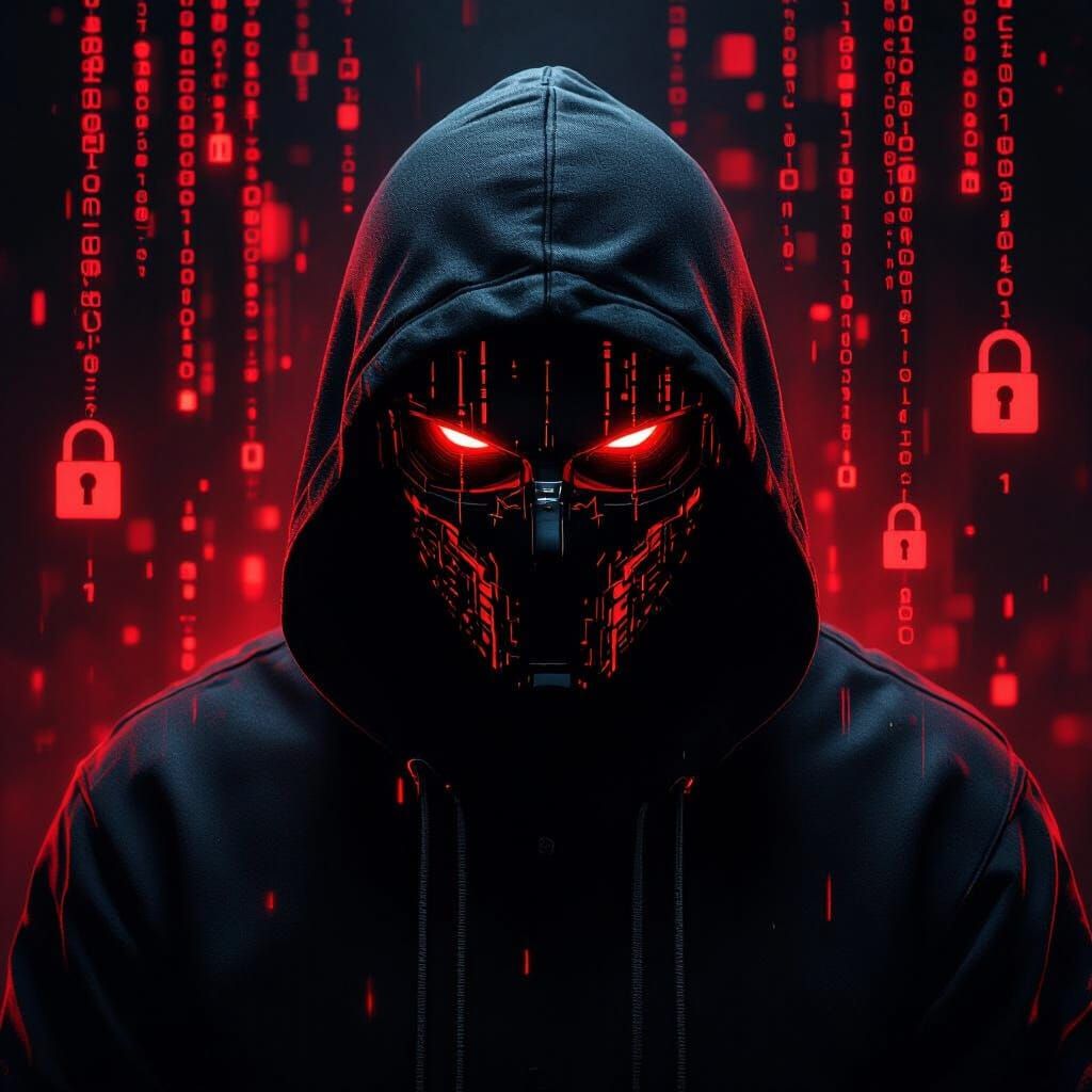 Sinister Hacker in Shadow with Glowing Red Eyes