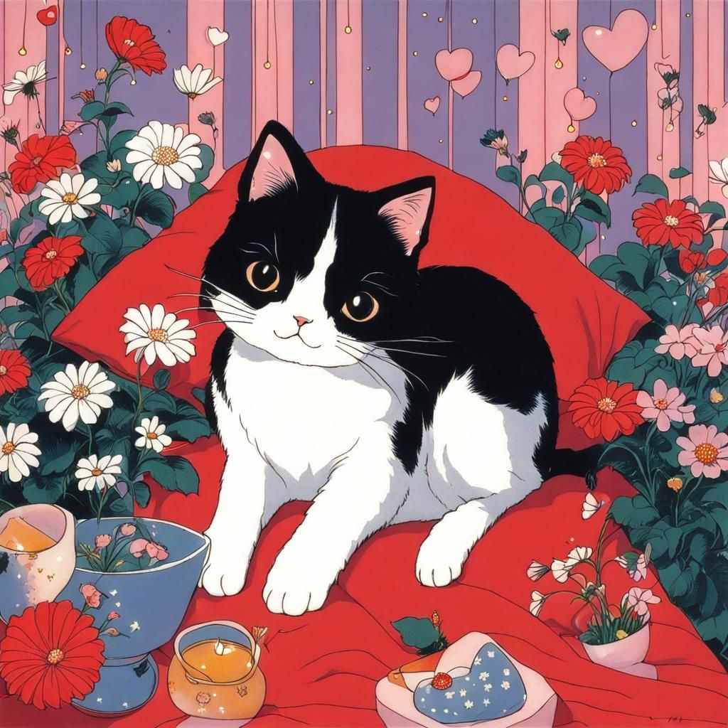 Cute Cat on Pillow Surrounded by Flowers, Manga Style